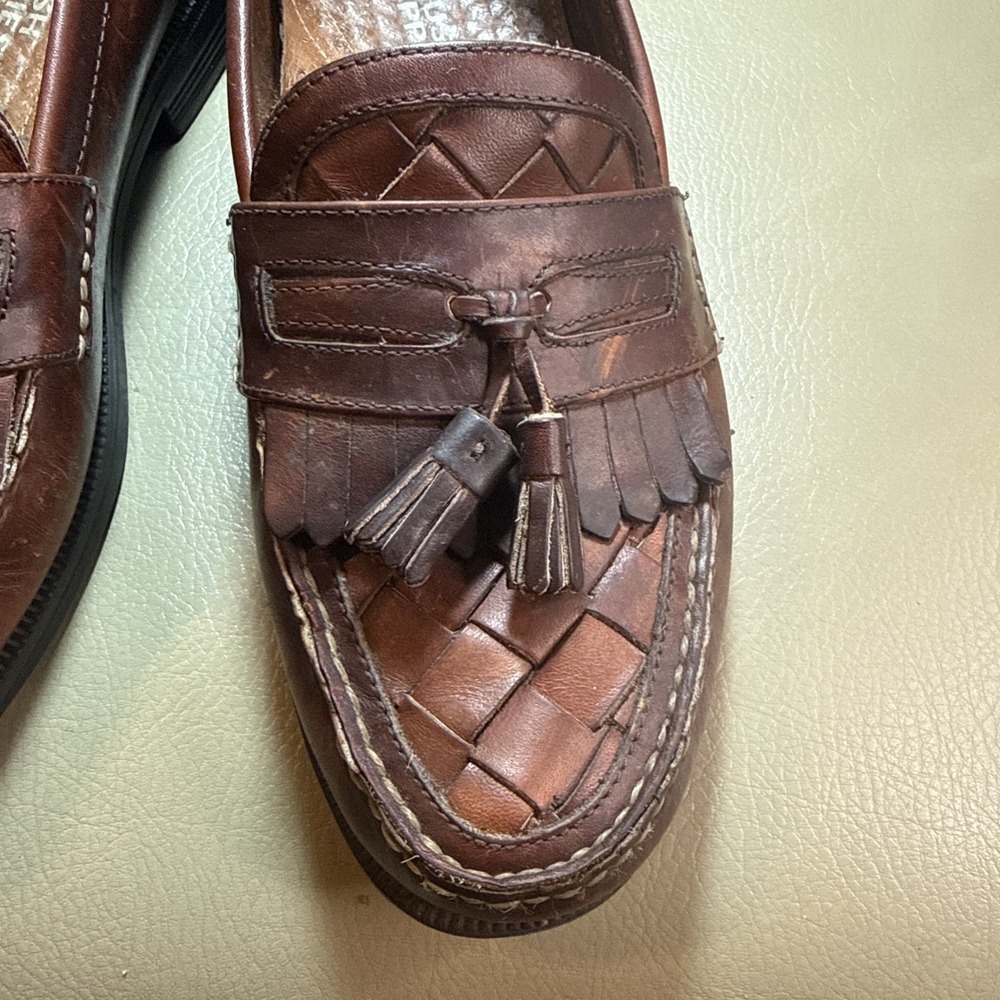 Vintage 90s Brown Hush Puppies Lancer Woven Leather Tassel‎ Loafers 11 - Picture 8 of 11